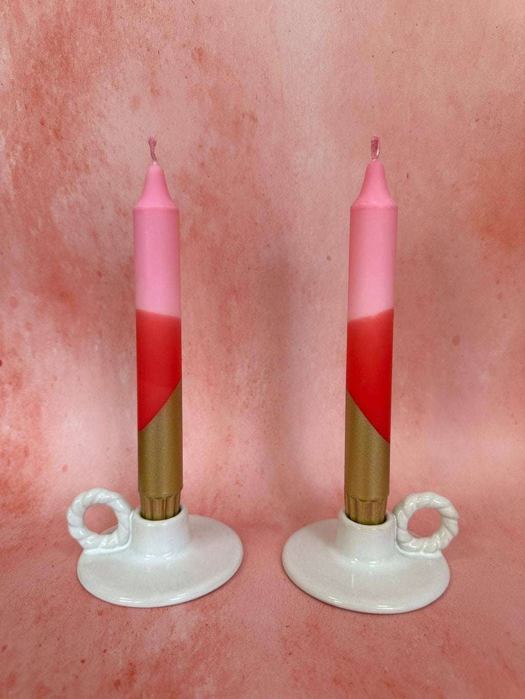 Florrie and Wren - Hand Dipped Pink, Red & Gold Dinner Candles 