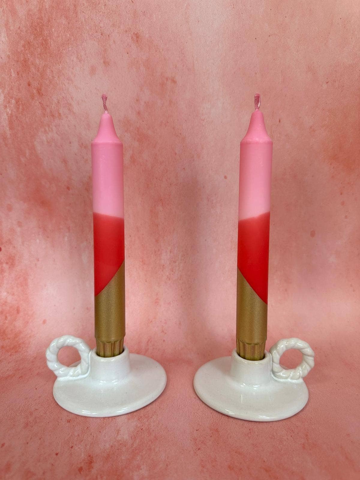 Florrie and Wren - Hand Dipped Pink, Red & Gold Dinner Candles 