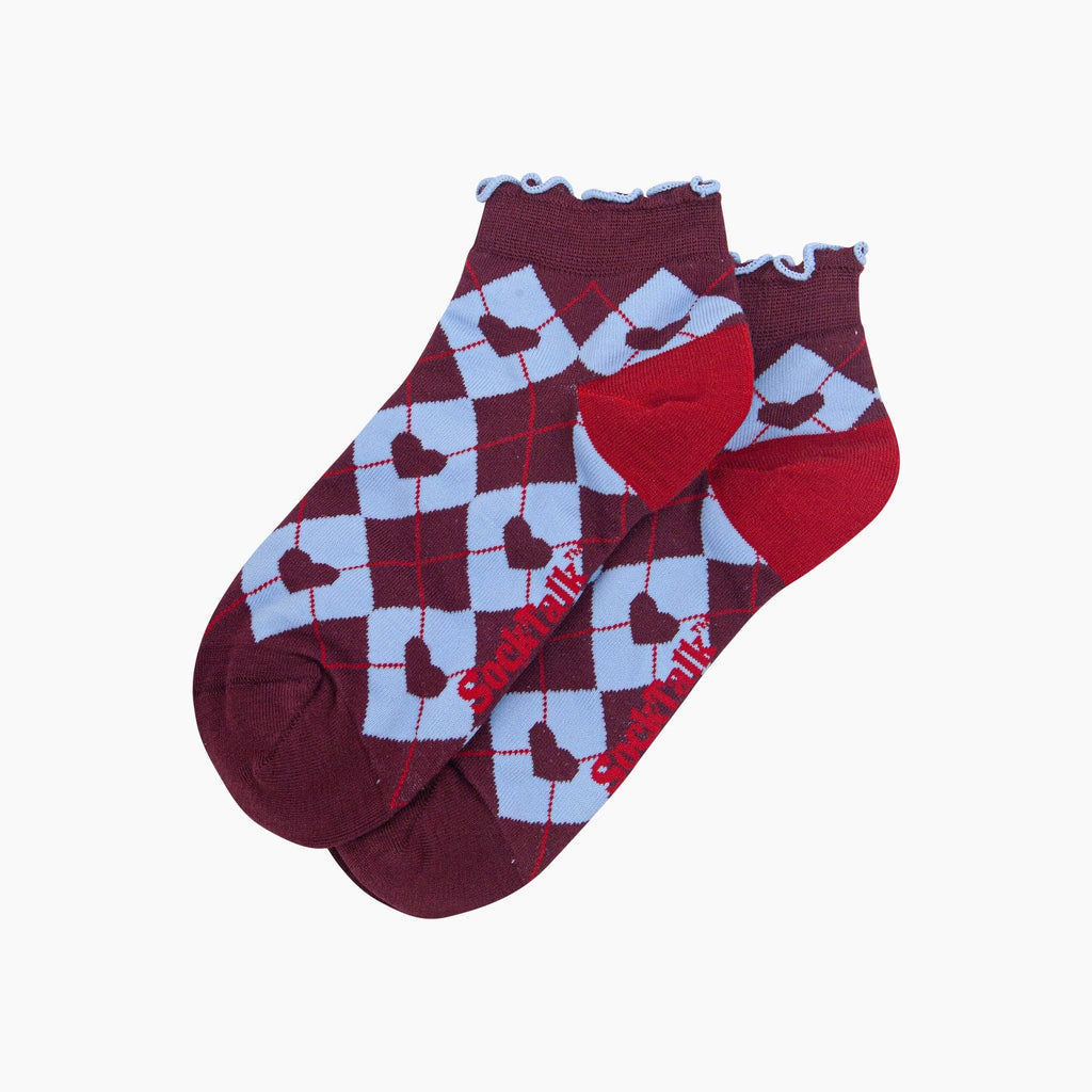 Sock Talk - Heart Argyle Women's Bamboo Trainer Socks in Burgundy/Blue