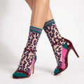 Sock Talk - Leopard Print Combed Cotton Sheer Pop Socks in Green/Pink