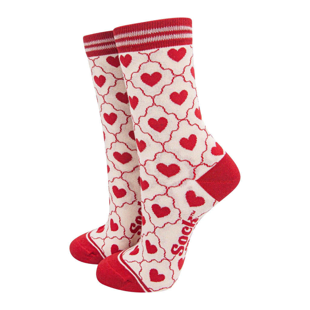 Sock Talk - Women's Bamboo Socks - Cream/Red, Heart Ribbon