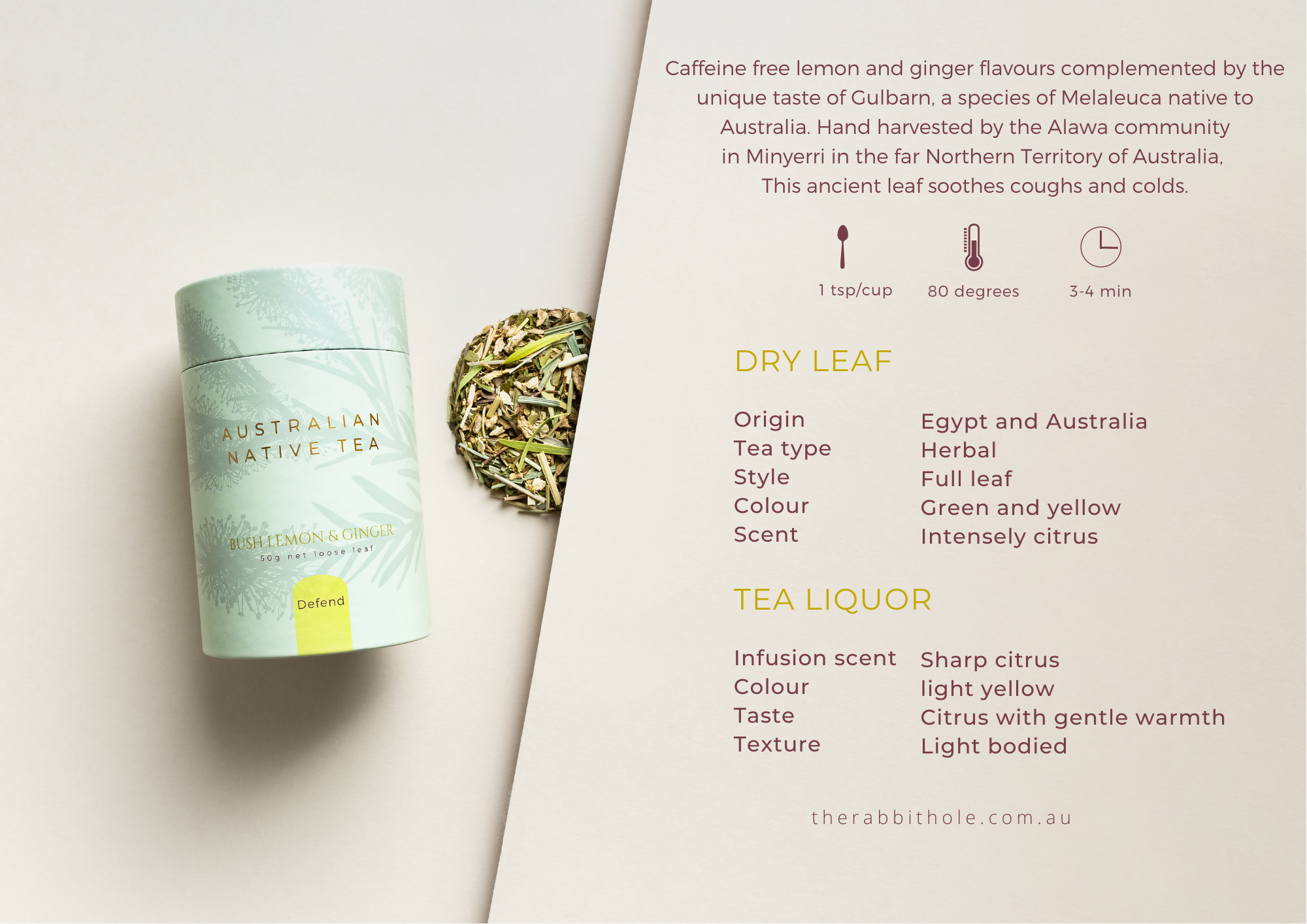 The Rabbit Hole - Australian Native Tea - Bush Lemon & Ginger - Defend