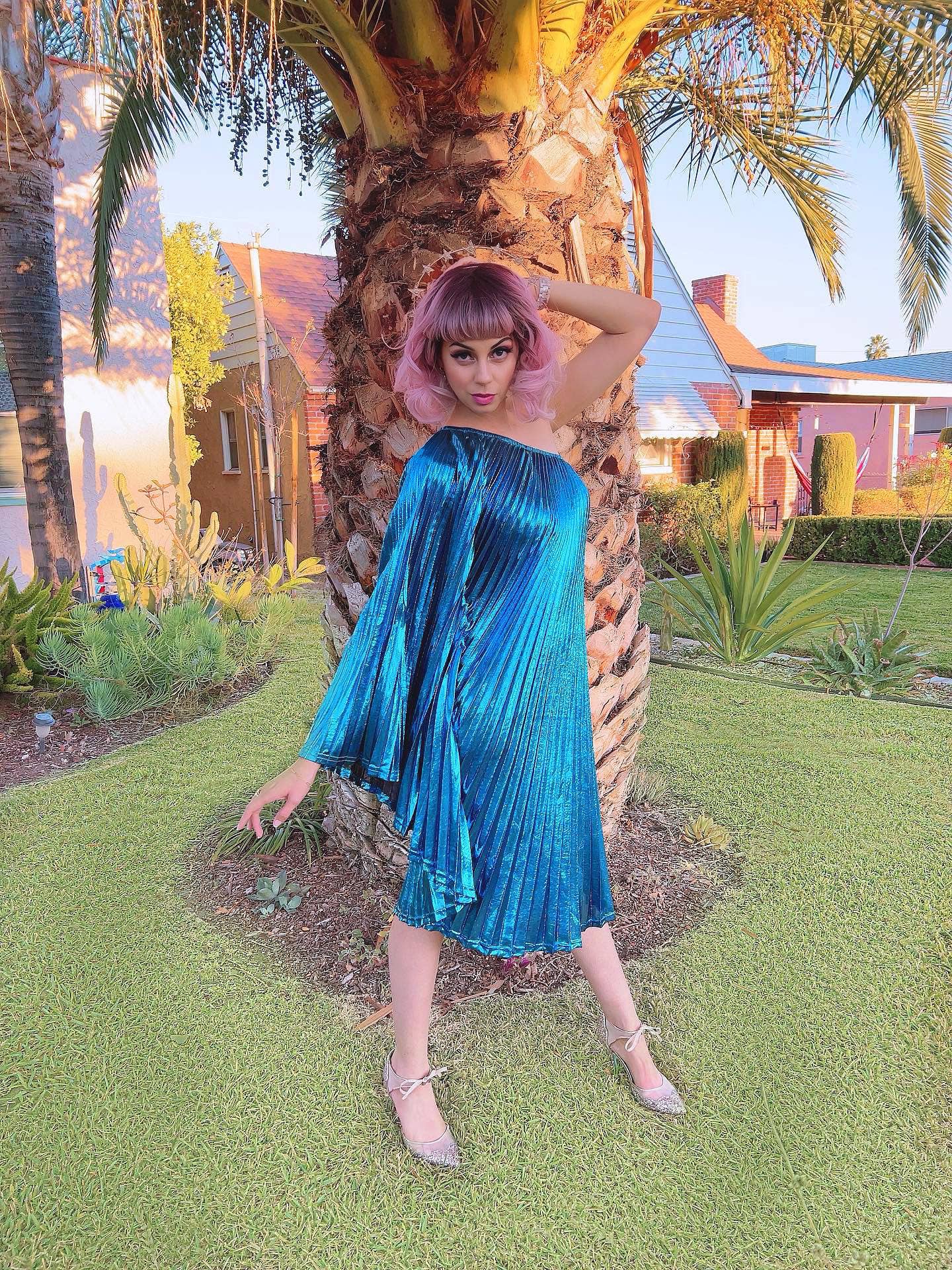 Audrey K Fashions - Blue Metallic Vibrant One Shoulder Designer Summer Dress