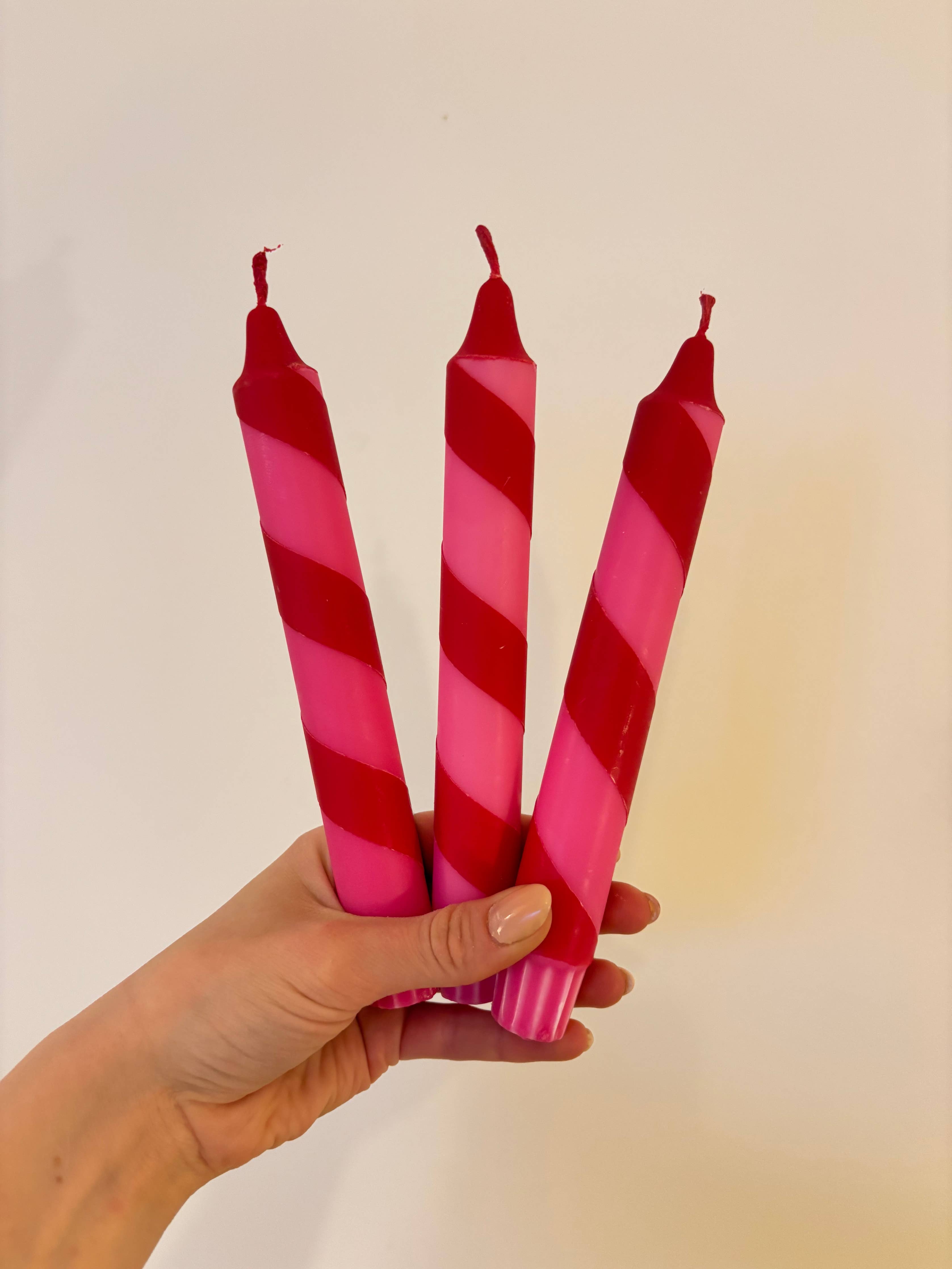 Florrie and Wren - Hand Dipped Colourful Red & Pink Stripe Candy Cane Candles