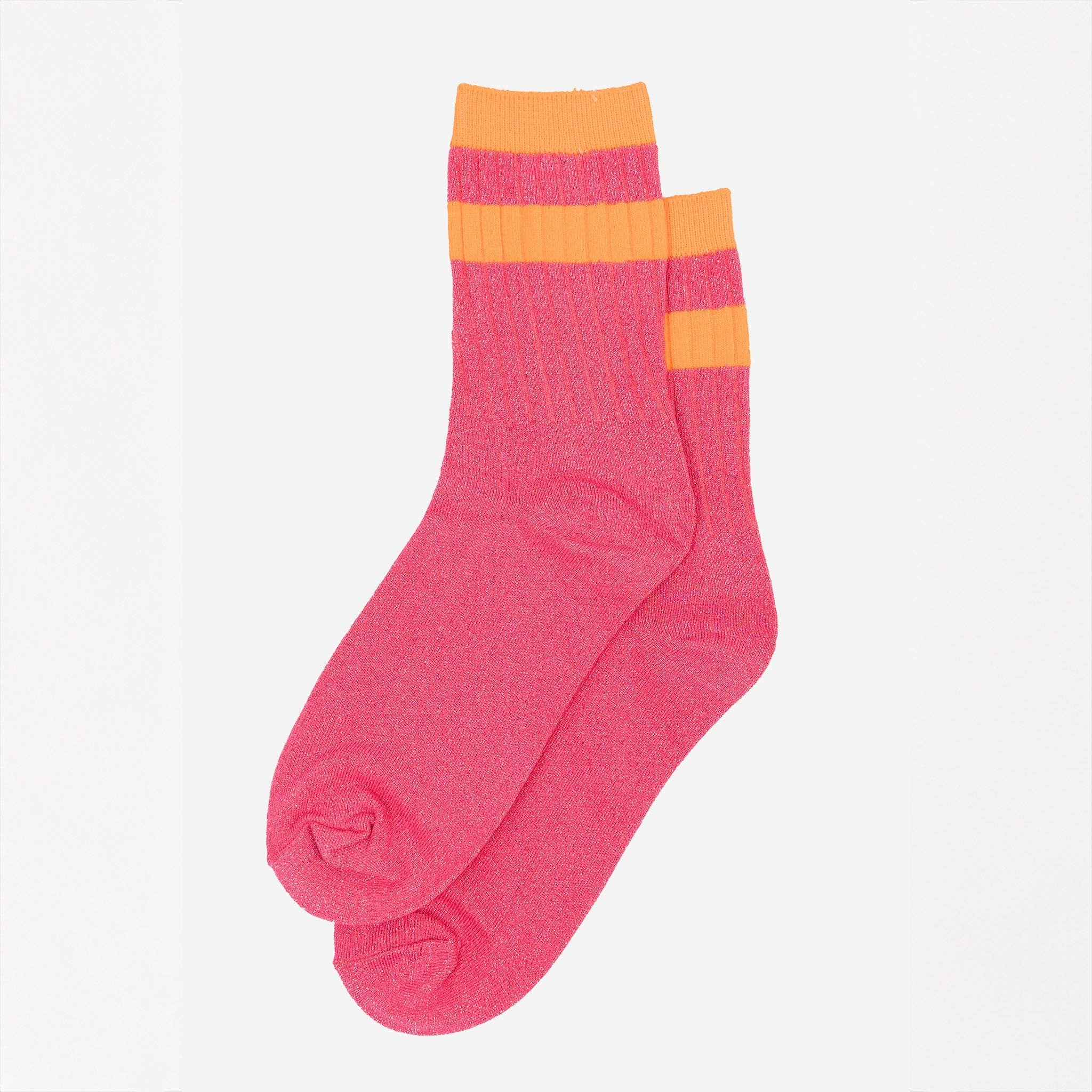 Sock Talk - Women's Glitter Socks - Hot Pink/Orange, Striped Cuff