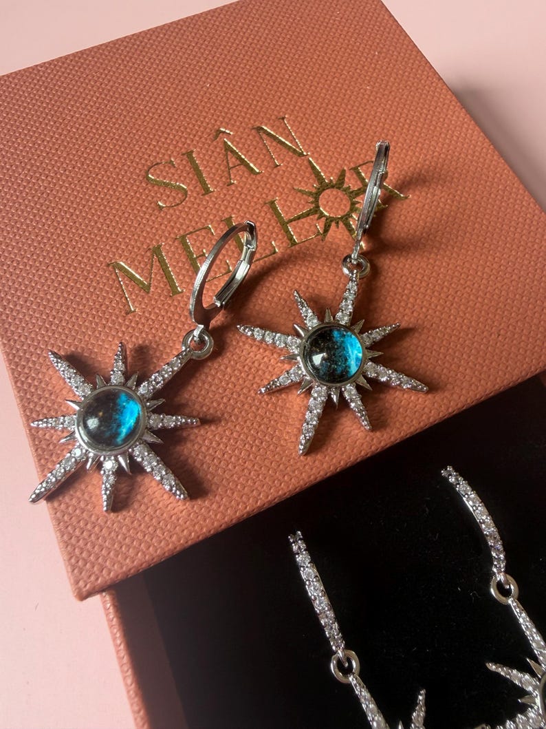Blue star earrings in coral box