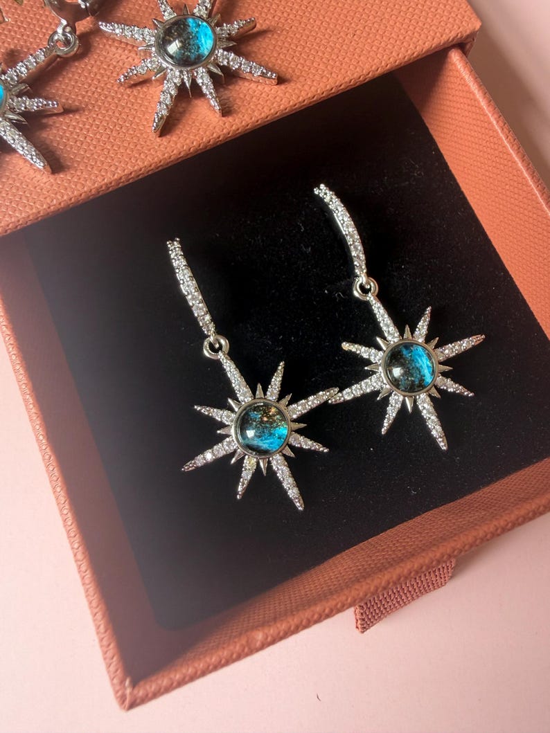 Blue star earrings close up