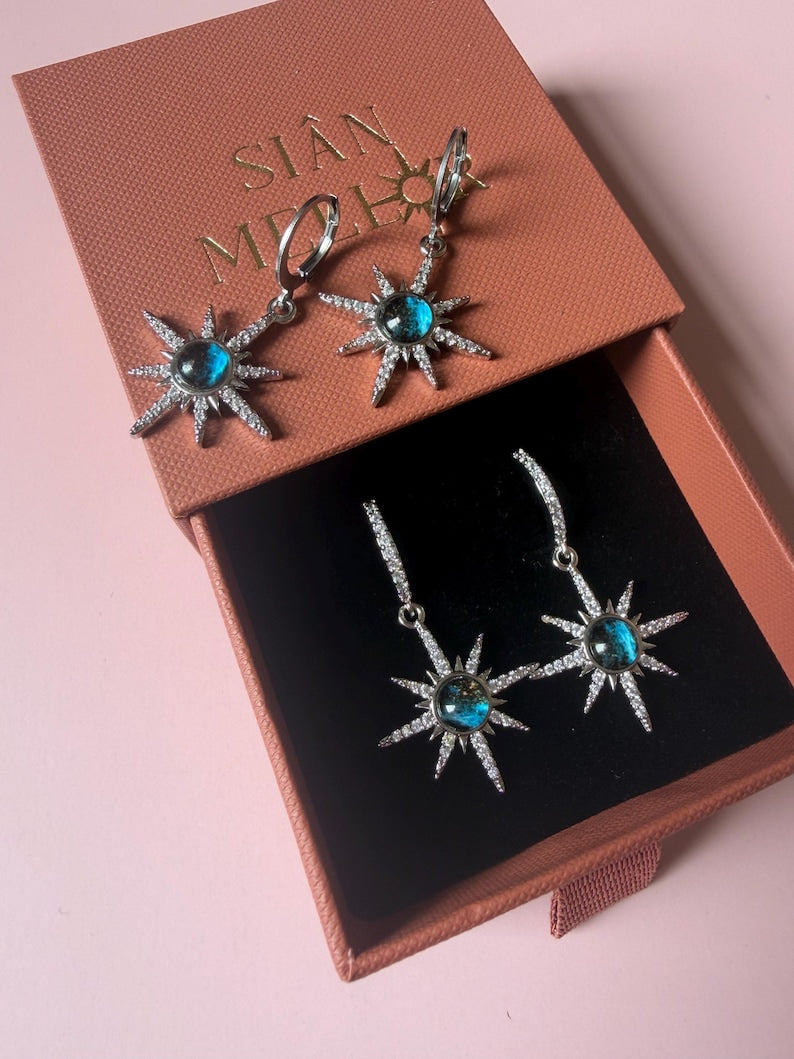Large blue star silver huggie hoops