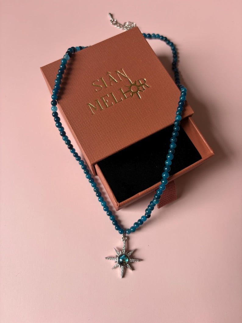 Blue apatite necklace in Sian Mellor box