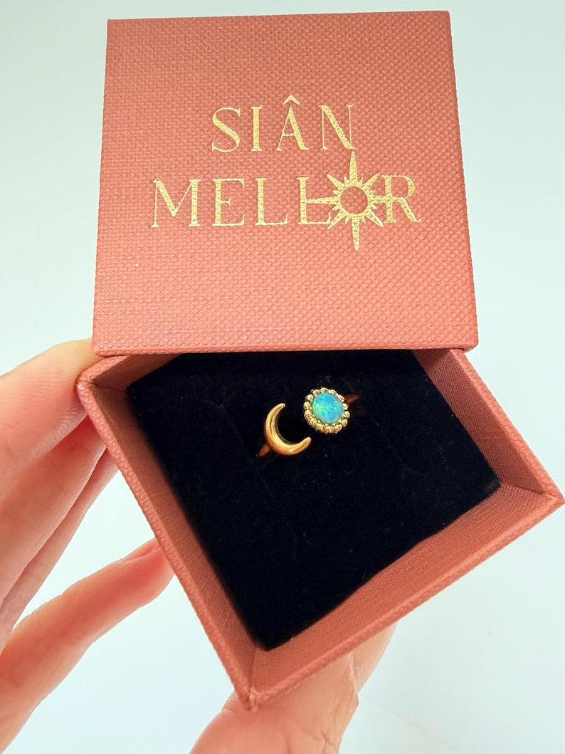 Gold moon and blue opal ring in Sian Mellor gift box