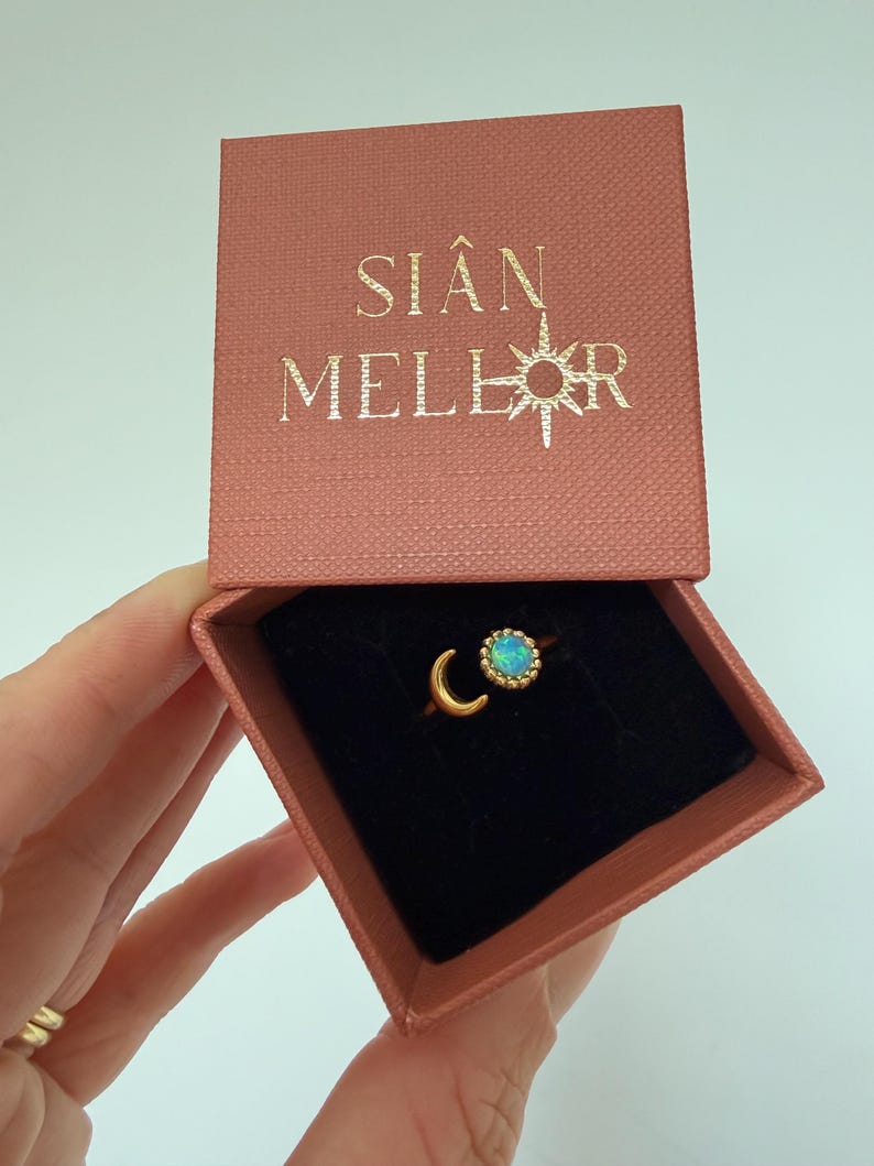 Moon and opal ring in dusty pink box