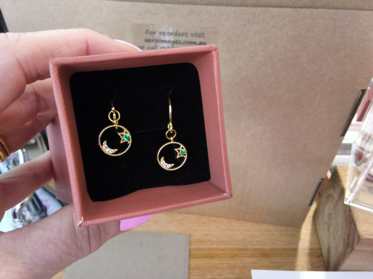Circle Earrings with Green Sun and Clear Moon