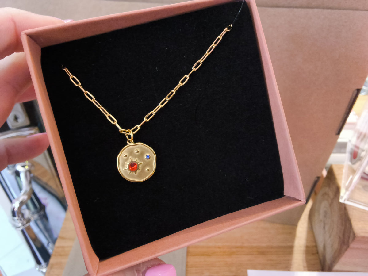 Celestial Disc Necklace, Orange and Blue